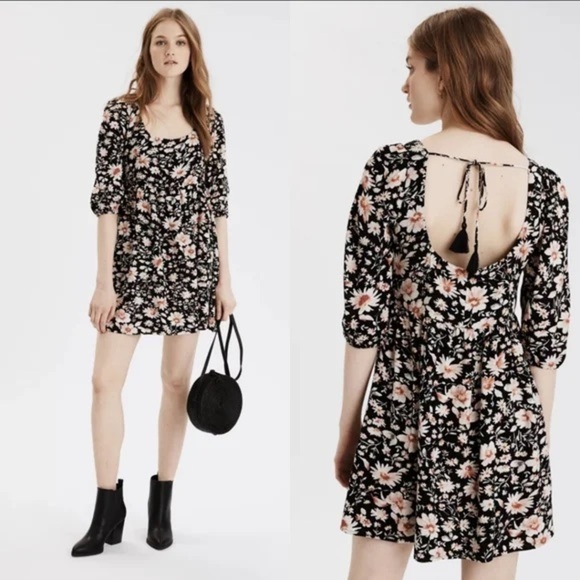 American Eagle XXL floral baby doll puff sleeve mini dress black pink plus size - Picture 1 of 14
